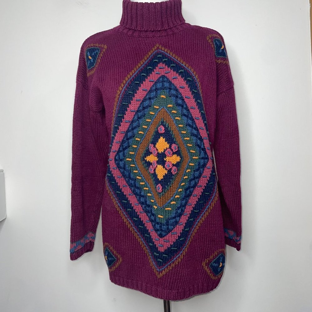 Vintage Pasta Ramie Cotton Aztec Knit Sweater Multicolor Size M Chunky 3D